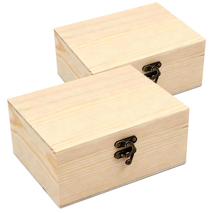 VIKOS Products (2-Pack Unfinished Unpainted Wooden Box with Hinged Lid for Crafts DIY Storage Jewelry Plain Pine Box - Small 6.7"x5.1"x3.1"