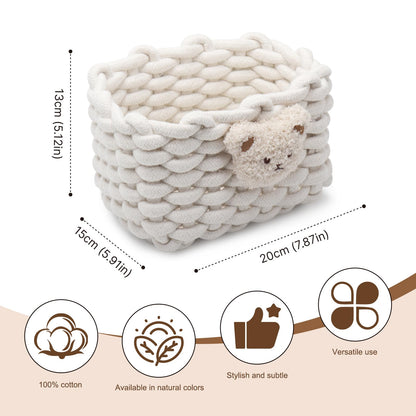 Woven Cotton Wicker Storage Basket with Bear Motif, White - Bathroom Organizer for Desk, Makeup Table, Cabinets, Bath, Kitchen (White)