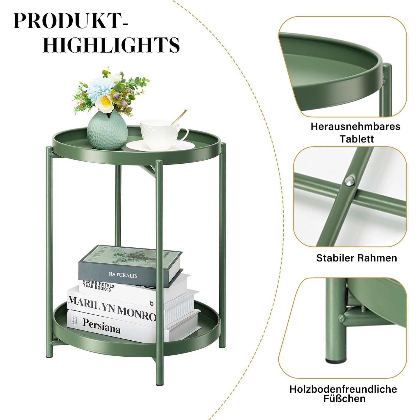 danpinera 2 Tier Metal Side Table with Removable Tray, End Table Outdoor Side Table Small Accent Table