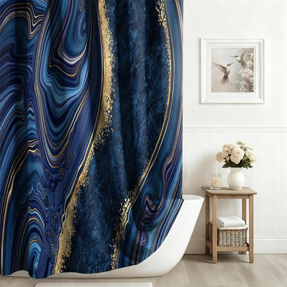Xiaoterna Marble Fabric Shower Curtain Navy Blue And Gold Marble Neutral Color Waterproof Bathroom Curtains Modern Luxury Mildew Resistant Machine