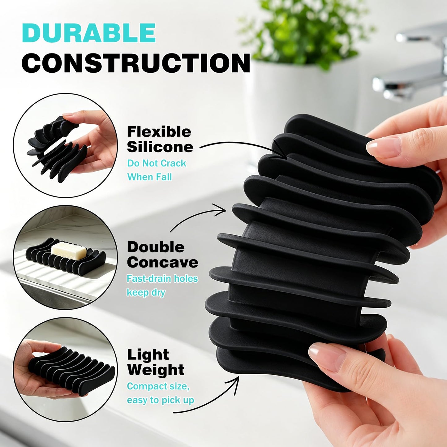 Langerspur Silicone Soap Dish 2 Pack Bar Soap Holder Self Draining Soap Tray Dishes for Bathroom Shower Kitchen Sink Travel (Black)
