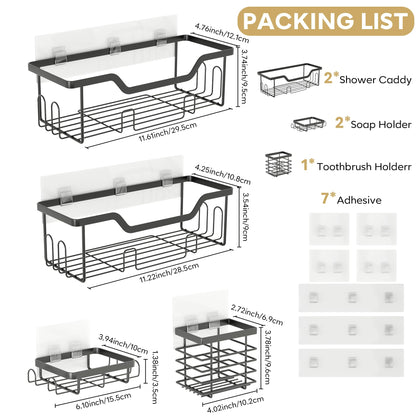 Cubbiesavor Shower Caddy 5 Pack, Stainless Steel Shower Shelf No Drilling with Toothbrush, Razor and Soap Holder Set, Black Bathroom Accessories