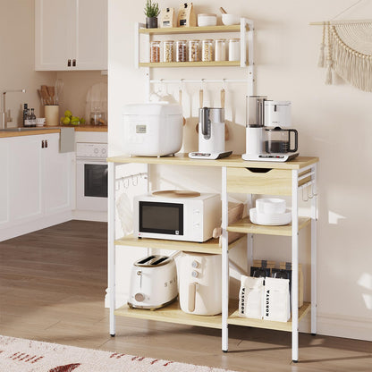 Bestier Microwave Oven Rack, 90cm Large Size, with 2 Height-Adjustable and Removable Shelves, Drawers, 10 S-Hooks, Kitchen Storage Rack (Oak)