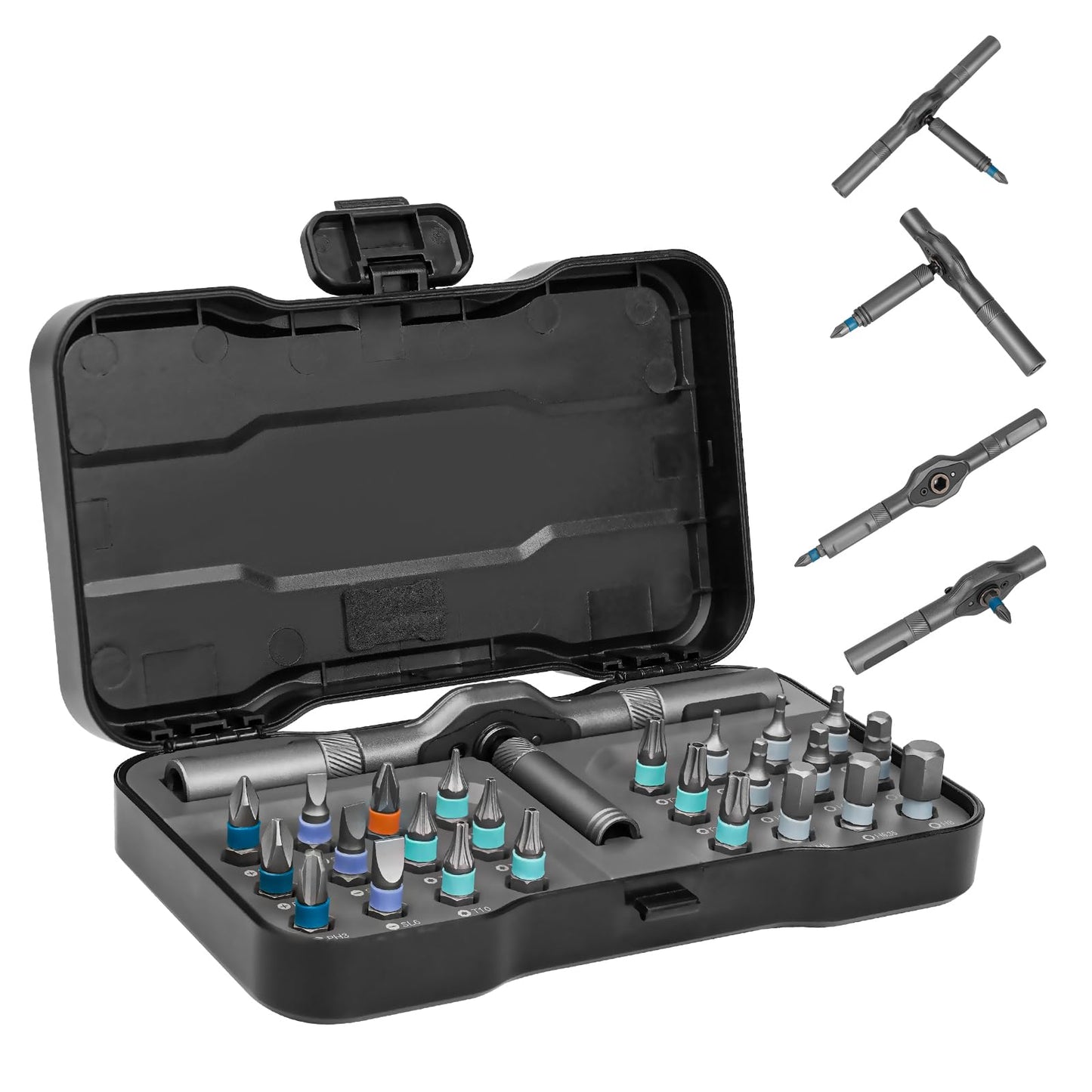HYCHIKA 24 in 1 Ratchet Screwdriver Set - Mini Reversible Handle High Torque Ratchet Wrench Tight Quarter Right Angle Offset Screwdriver Bit Set