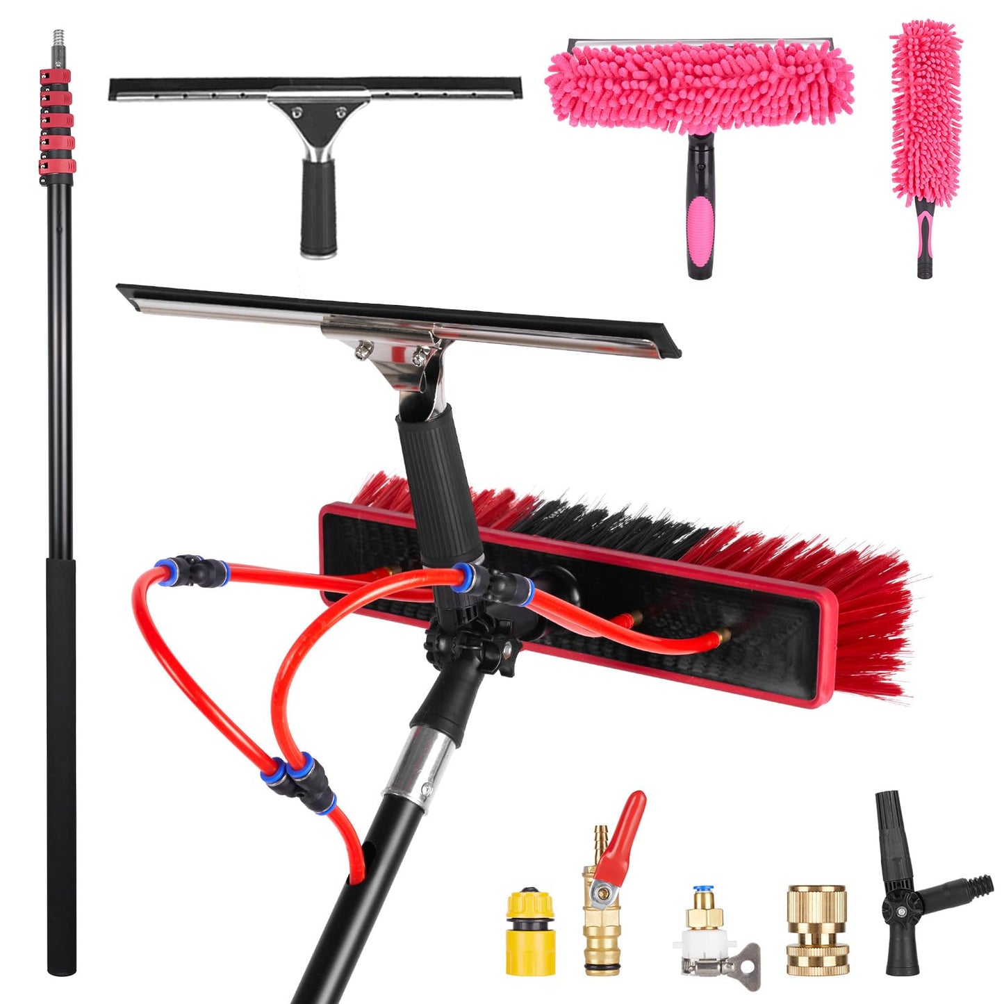 23.6FT/7.2m Water Fed Pole Kit, Solar Panel Cleaning & Squeegee Kit, Aluminum Extendable Pole, 22in Wide Brush, Bendable Dusting Brush, Outdoor Window
