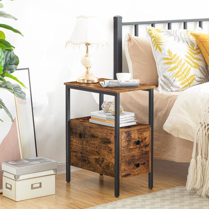 HOOBRO Narrow Side Table, Slim Bedside Table with 2 Drawers, Open Storage Shelf, Industrial Chair Side Lamp End Table for Small Space, Wood Bedroom