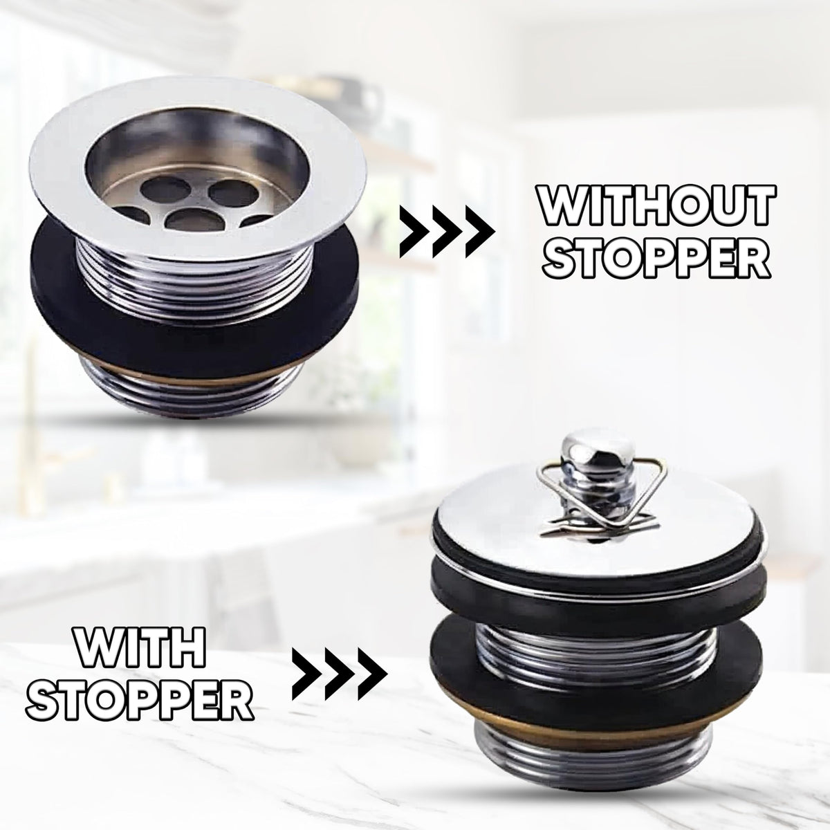 2PC Chrome Sink Plug with Chain for Bath or Kitchen - 45mm (1.3/4 Inch) with Ball Type and S Hook Shaped Chain Made of Stainless Steel 450mm (18 Inch)