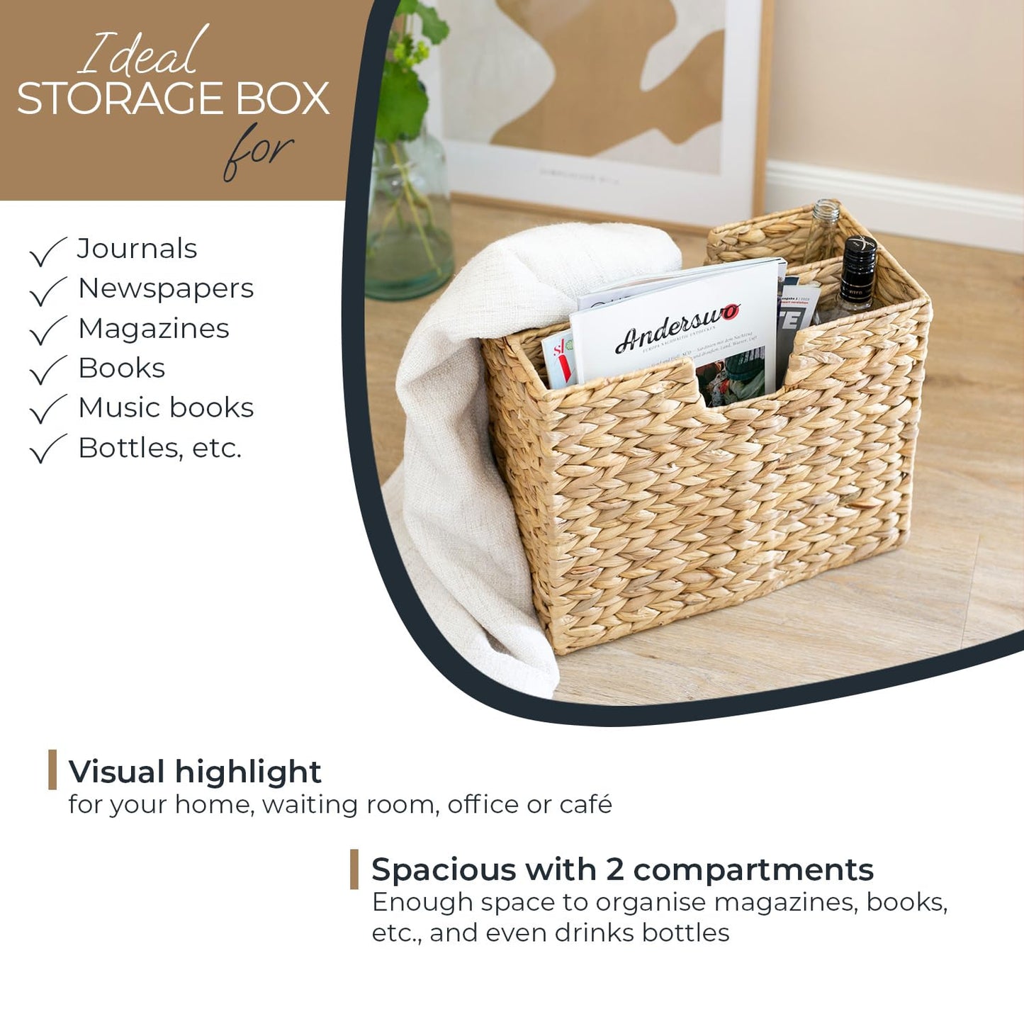 HMF Magazine Rack, Newspaper Basket woven from water hyacinth | 2 compartments | 40 x 20 x 33 cm