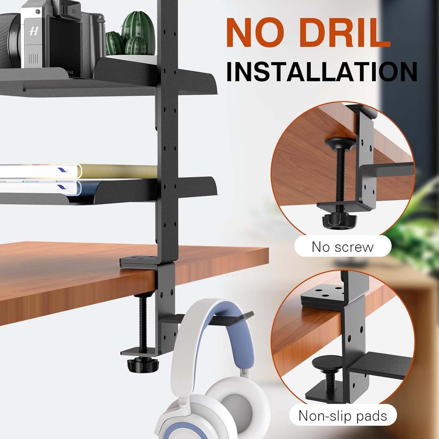 Clampable Desk Organiser Shelf, 3 Tier Bookshelf, Desk Storage Rack, Desktop or Under with Adjustable Metal Tray Headphone Stand
