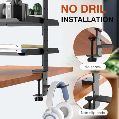 Clampable Desk Organiser Shelf, 3 Tier Bookshelf, Desk Storage Rack, Desktop or Under with Adjustable Metal Tray Headphone Stand