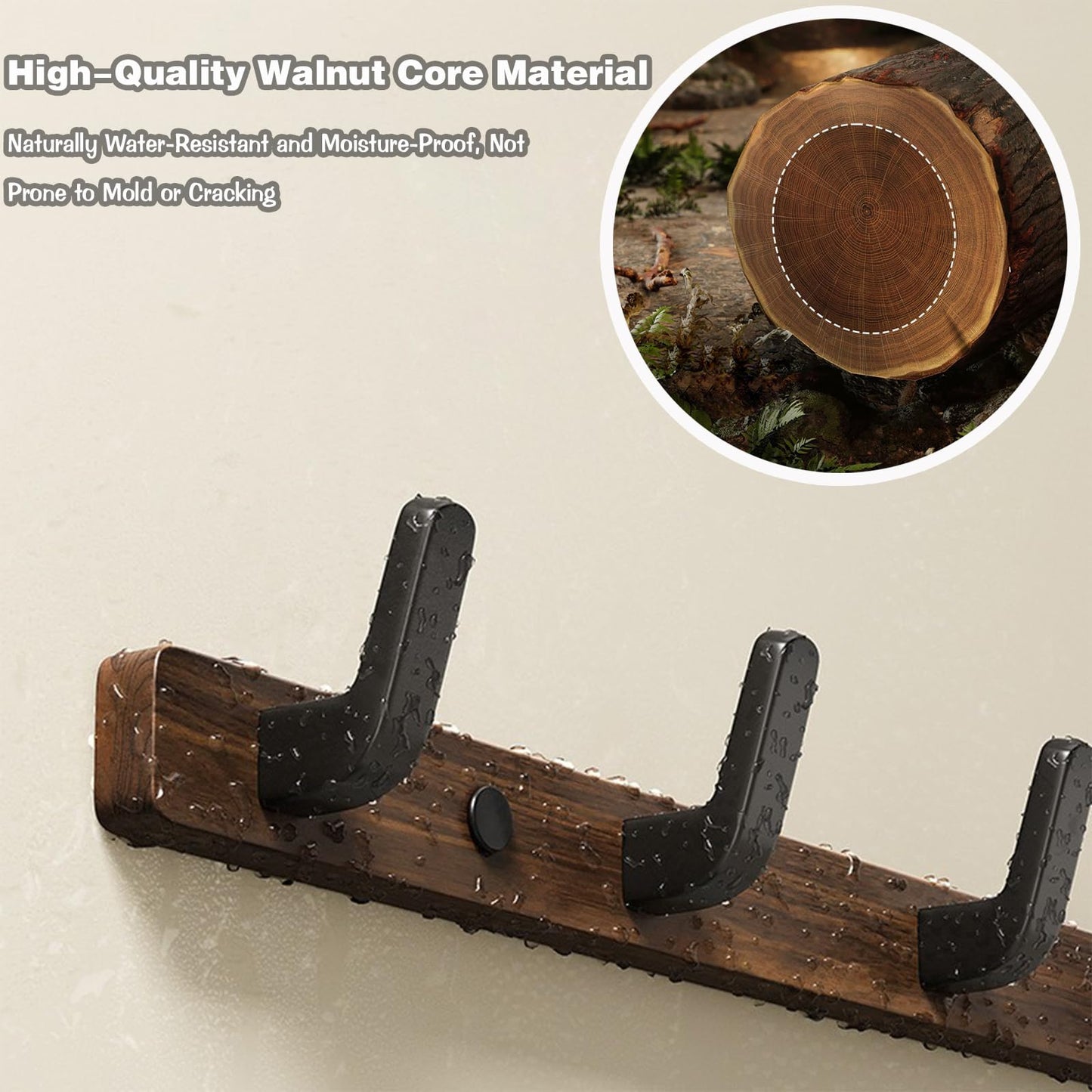 Lxoraziy Wall-Mounted Coat Rack - Walnut Coat Rack Hook, Heavy Duty Wooden Wall Coat Hanger with 4 Coat Hooks for Hanging Coats, Hats, Clothing