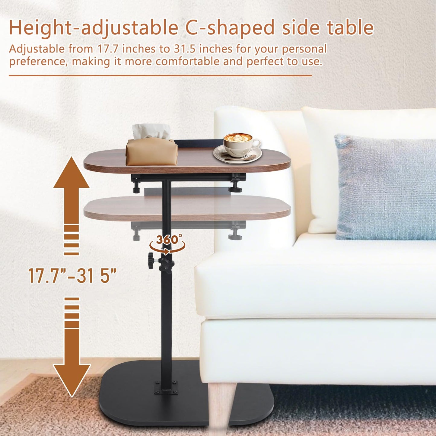 Kiss Me C-Shape Large Side Table Adjustable Height 360 Swivel Detach Baffle