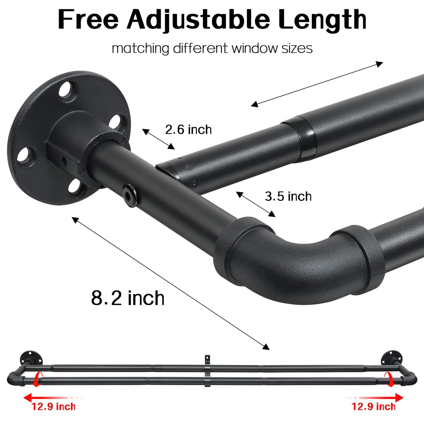 Harrms Industrial Double Curtain Pole, Curtain Poles for Eyelet Curtains, Matt Black, 74-309cm, Extendable Metal Curtain Rod Blackout Room Darkening