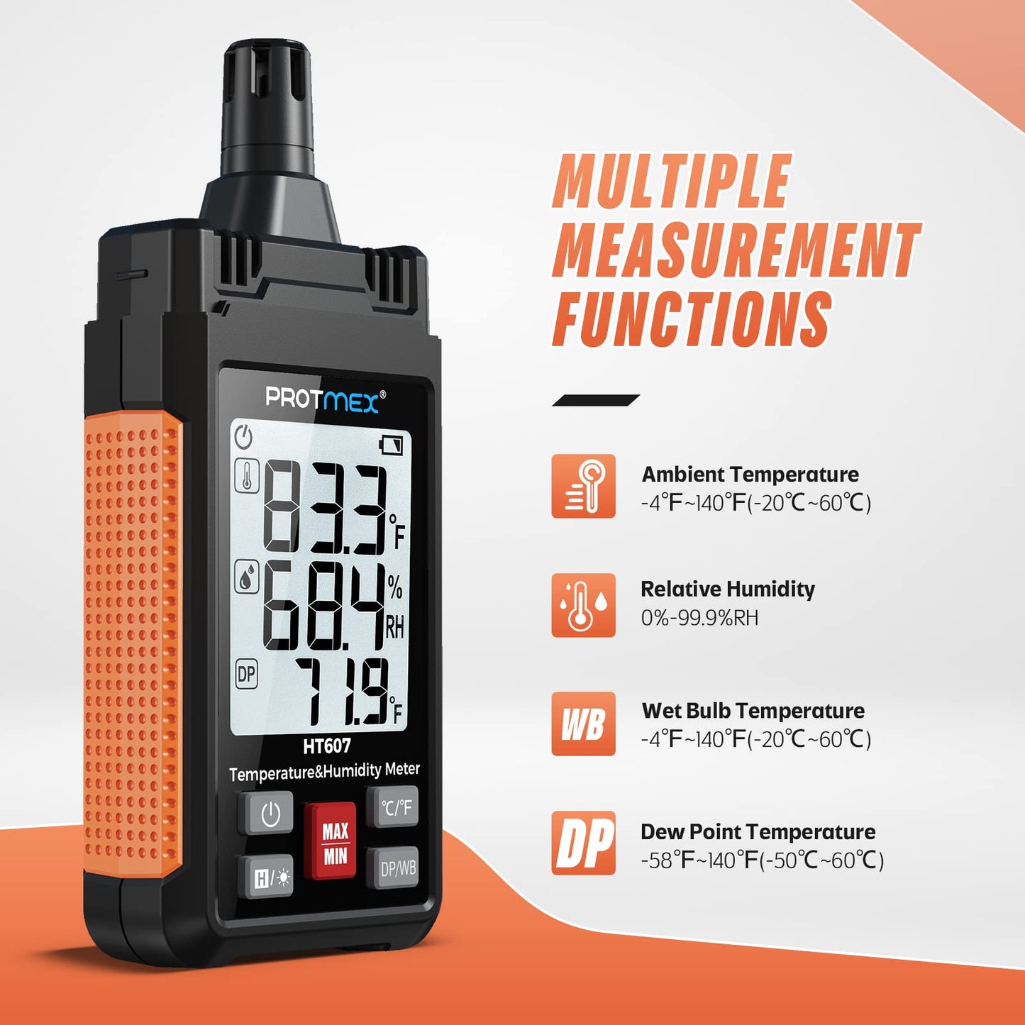 Protmex HT607 Temperature Humidity Meter High Precision Digital Hygrometer with Ambient, Relative Humidity, Dew Point, Wet Bulb Thermometer, Min/Max