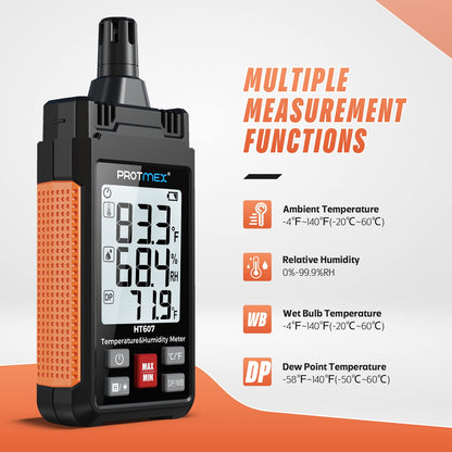 Protmex HT607 Temperature Humidity Meter High Precision Digital Hygrometer with Ambient, Relative Humidity, Dew Point, Wet Bulb Thermometer, Min/Max