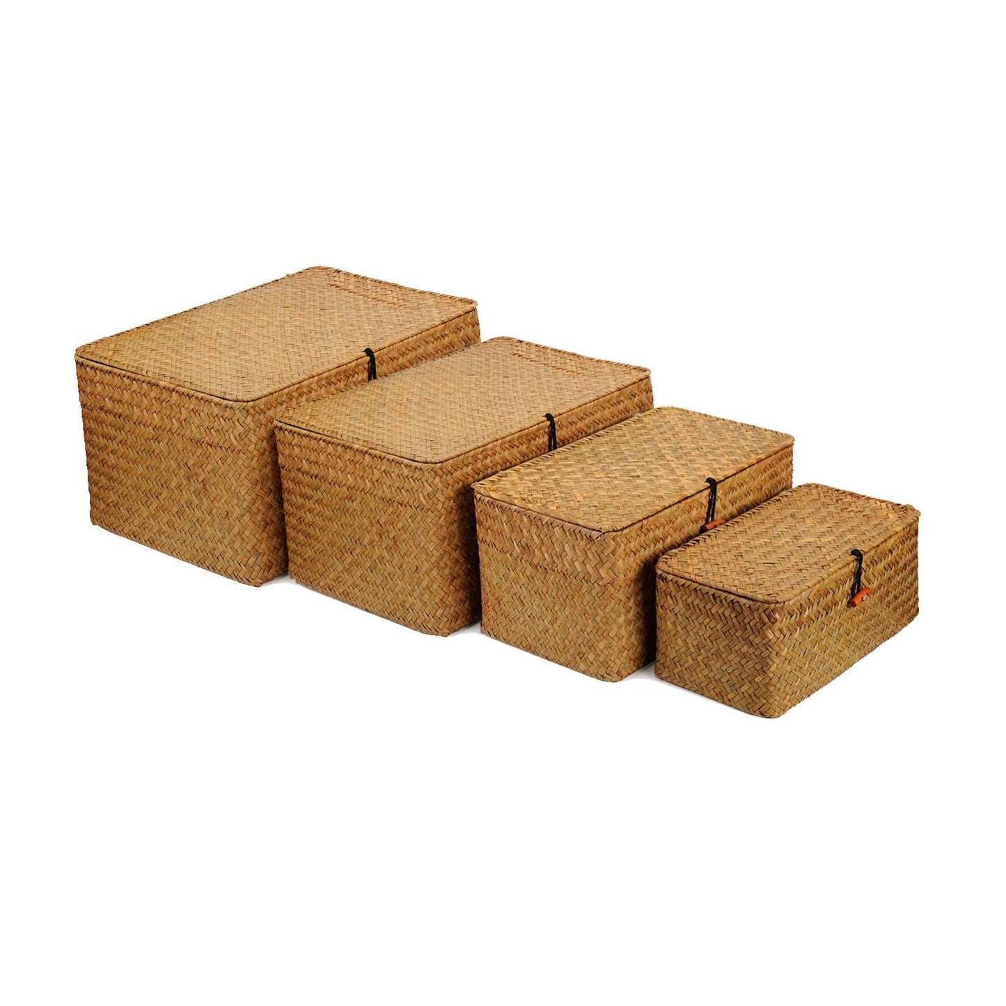 Wicker Storage Baskets with Lids, Set of 4 Seagrass Baskets, Rattan Woven Rectangular Basket Bins for Shelf Organization
