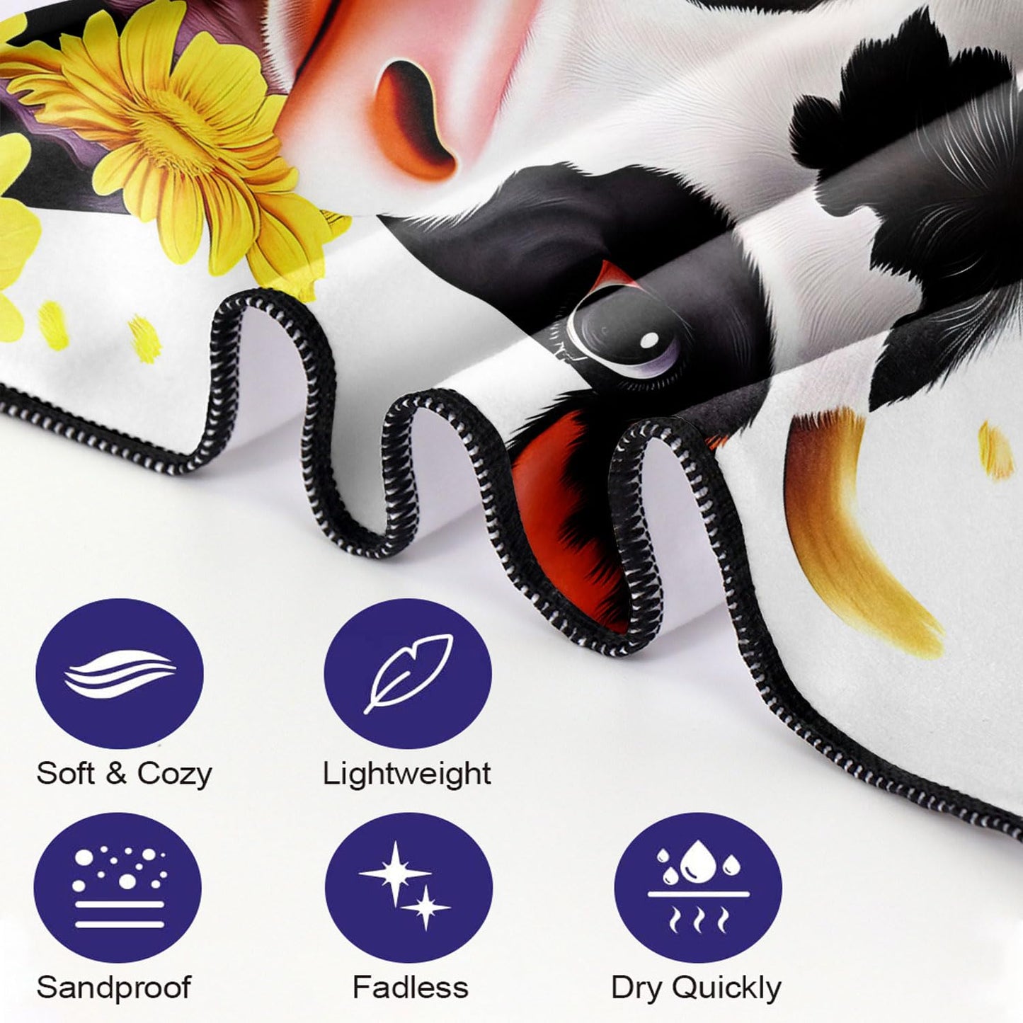 YISUMEI Cow & Sunflowers Beach Towels for Adults Extra Large 180 x 90 cm, Microfibre Quick Dry Towel for Travel Swimming Camping Sports