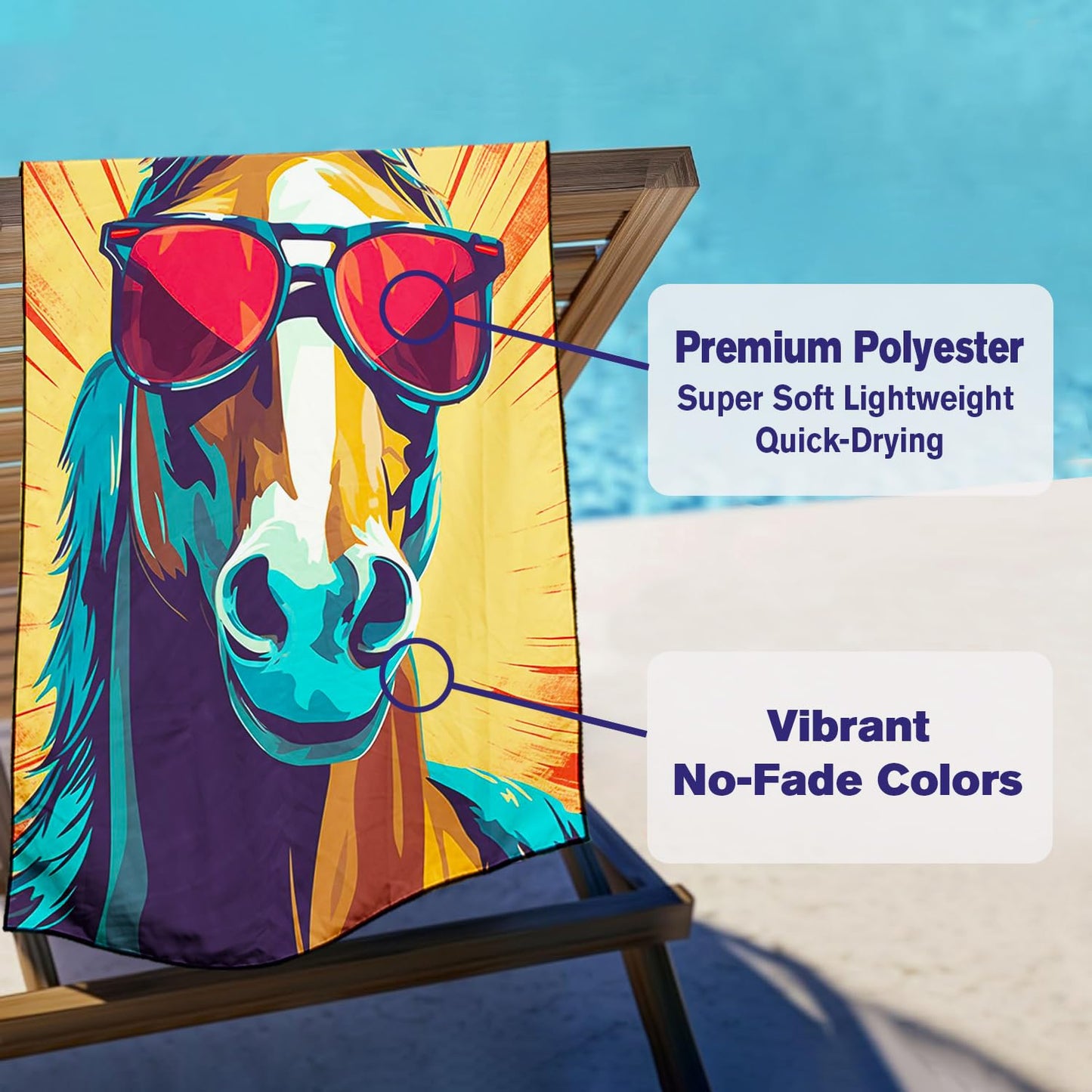 Violetpos Cool Horse with Sunglasses Beach Towel, Extra Large 180x90 cm 250GSM Microfibre, Sand Free Quick Dry
