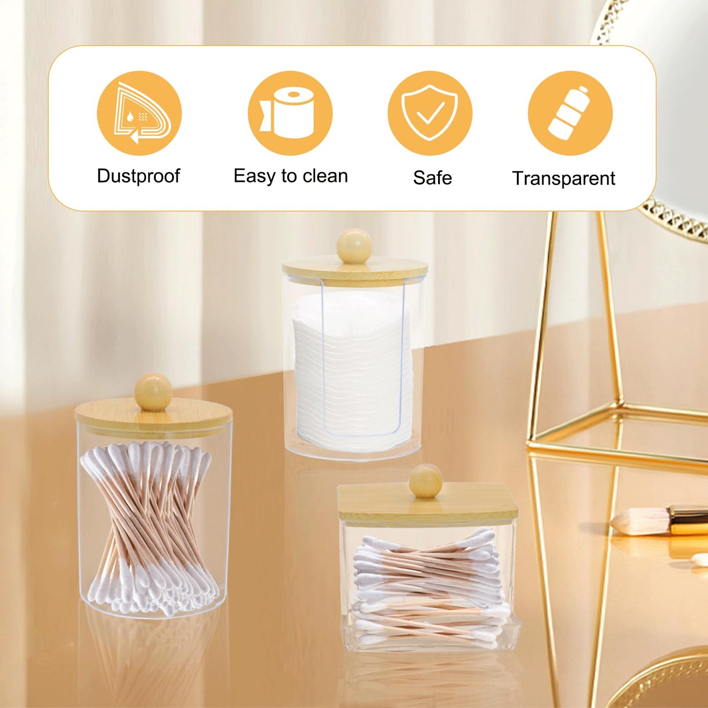 Griwuut 4 Pcs Acrylic Cotton Pad Holder Set with Bamboo Lids Bathroom Storage Dispenser for Cotton Swabs, Pads Wool Buds