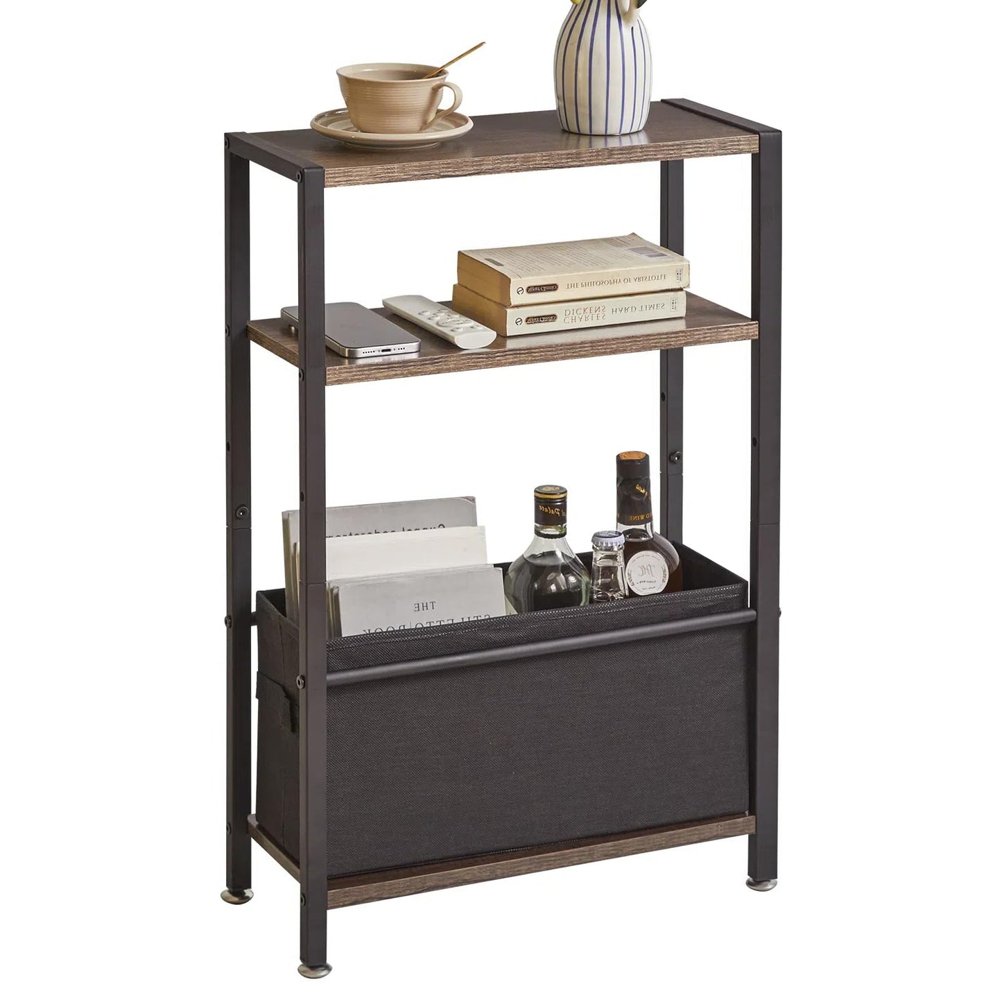 Aibiju Side Table with Storage, 3-Tier Slim Side Table with Fabric BasketNarrow Bedside Table Small Narrow Side Table for Small SpacesBedroom,Living