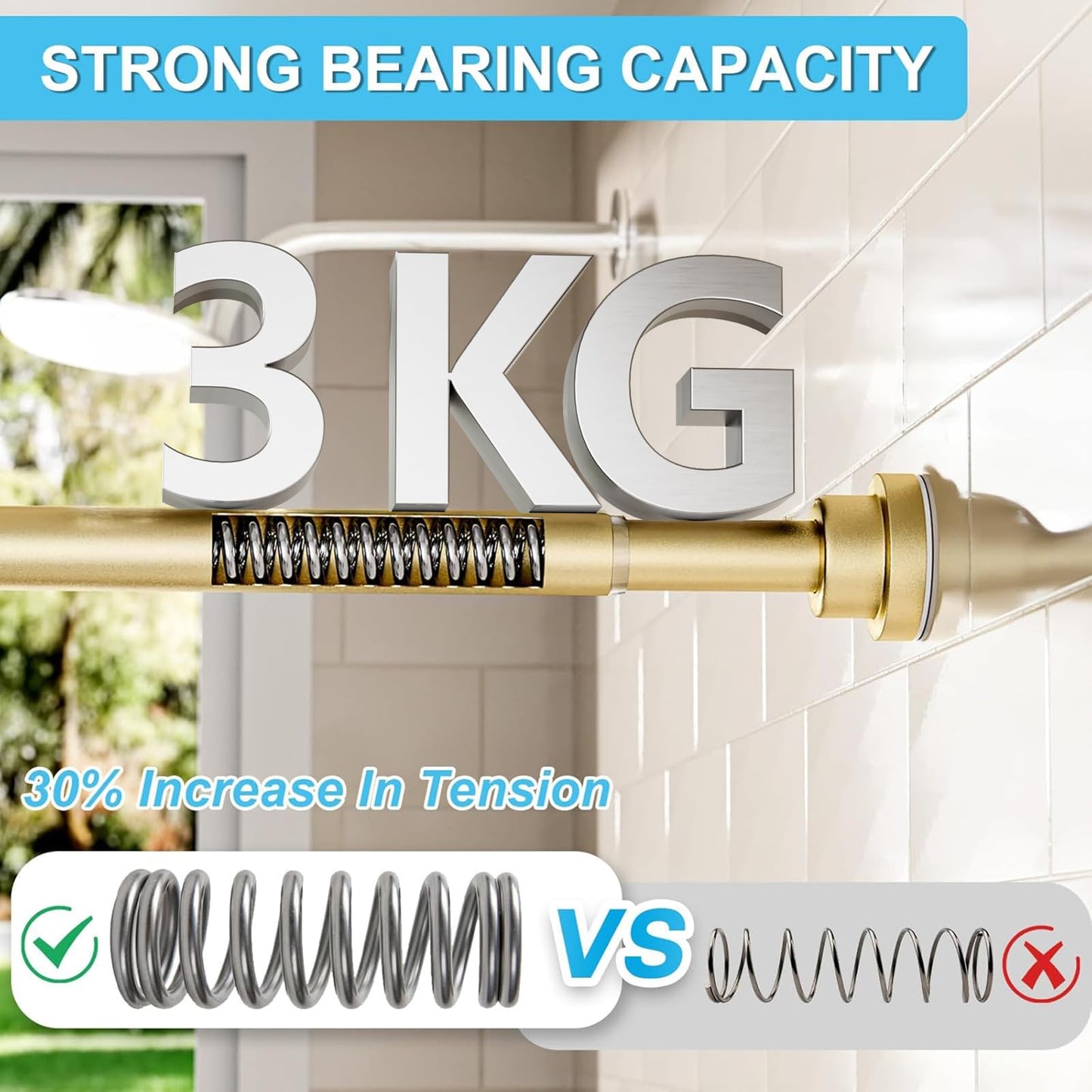 Shower Curtain Pole Extendable Curtain Poles 79-195 Cm Tension Rods For Curtains Extendable No Drill Shower Curtain Rail Non-Slip Gold Shower Pole