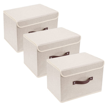 TYEERS Collapsible Storage Box with Lid, Fabric Storage Box for Clothes, Wardrobe Storage, 38x25x25 cm, Set of 3, Beige