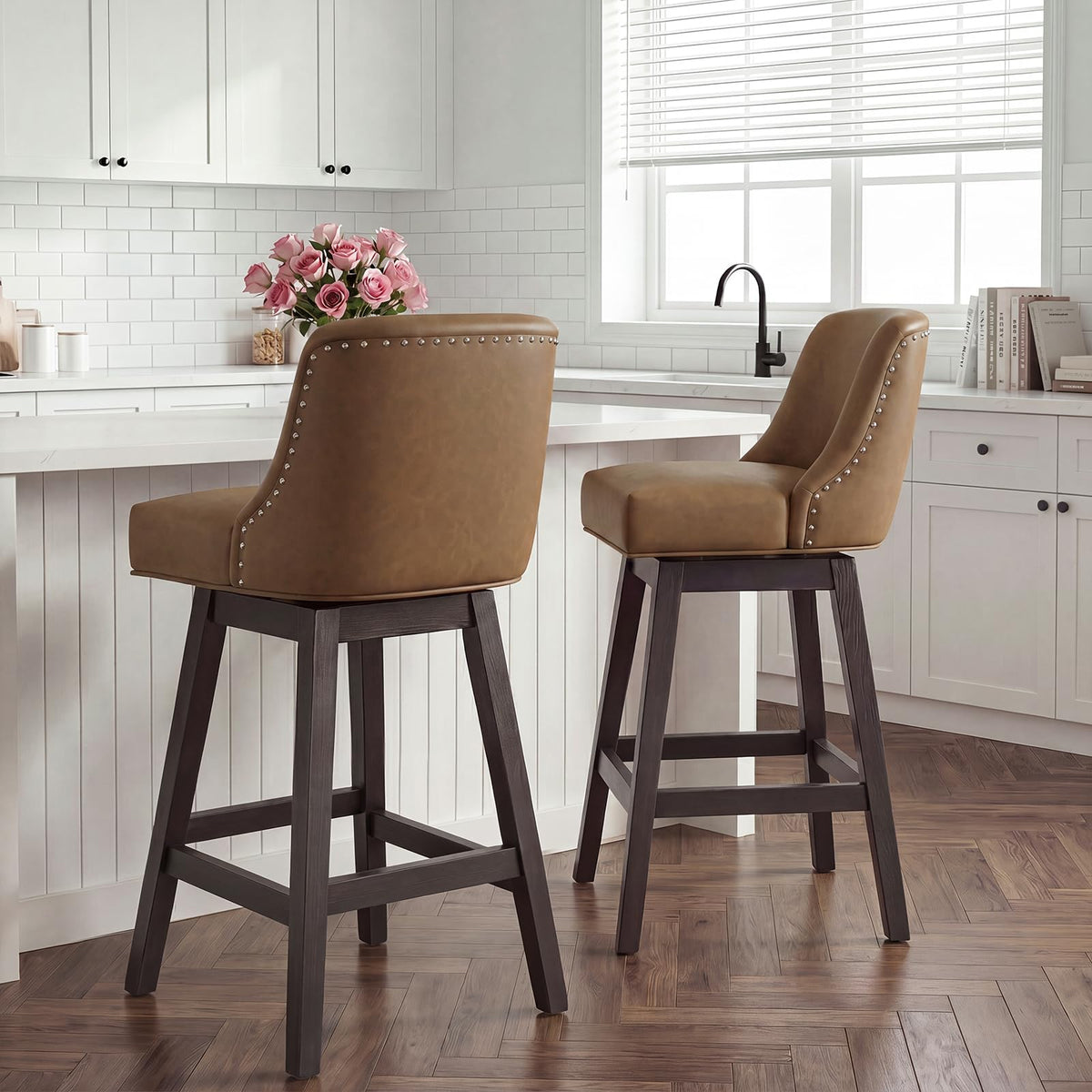 Bar Stools Set of 2, 360° Swivel Upholstered Counter Stools with Back, Wooden Frame Kitchen Bar Chairs with Nailhead Trim