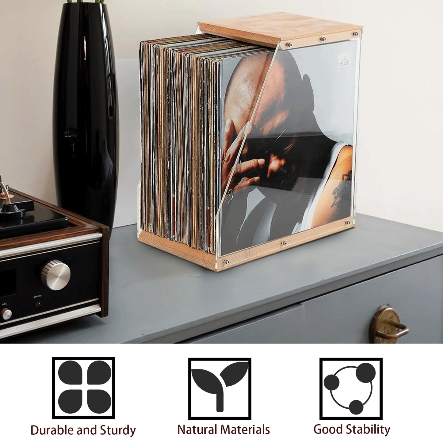 Vinyl Record Storage,Vinyl Organizer for Albums Audio,Wooden Base holder Stand Display，Record Stand for Modern Home Office Desktop Easy to Assemble