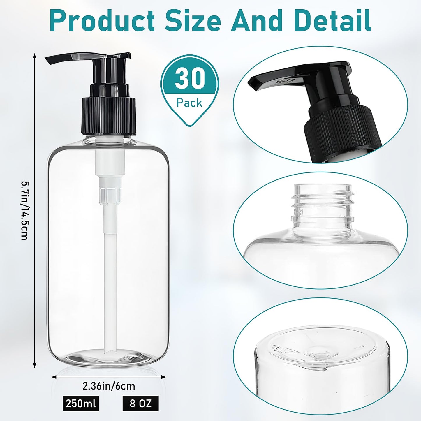 36 Pack 250 ml Clear Plastic Pump Bottles, Refillable Lotion Dispensers