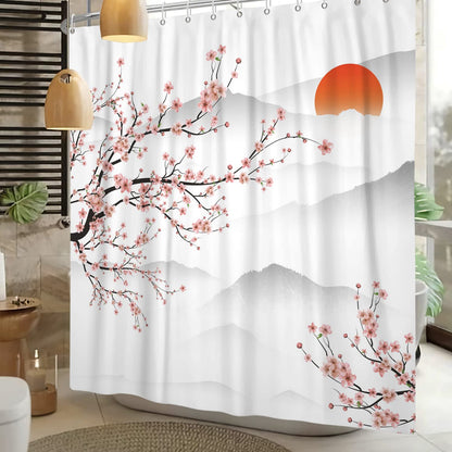 SDOTPMT 165x180cm Asian Cherry Blossom Shower Curtain Japanese Mount Fuji Peach Blossom Branch Bathtub Curtain Sunrise Mist Bathroom curtain for