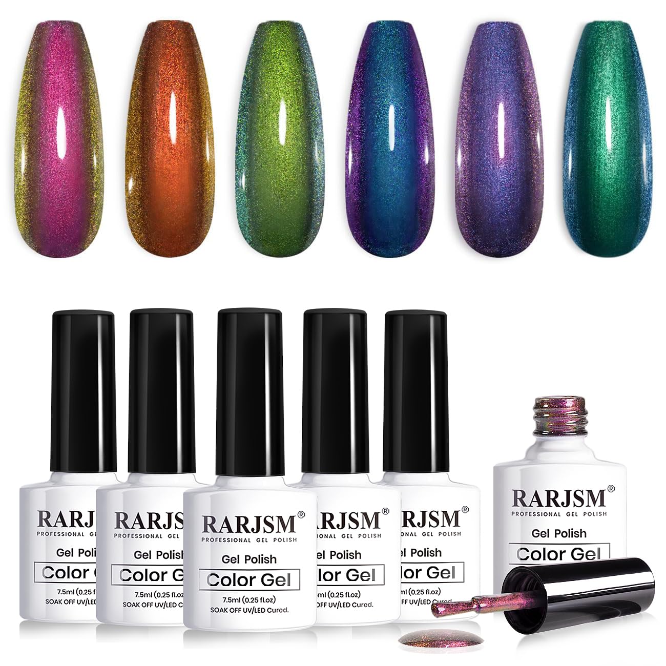RARJSM Chameleon Gel Nail Polish 6pcs Set Multichrome Gradient Color Changing Orange Green Dark Blue Purple 7.5ml Shimmer Glitter Gel Polish Curing