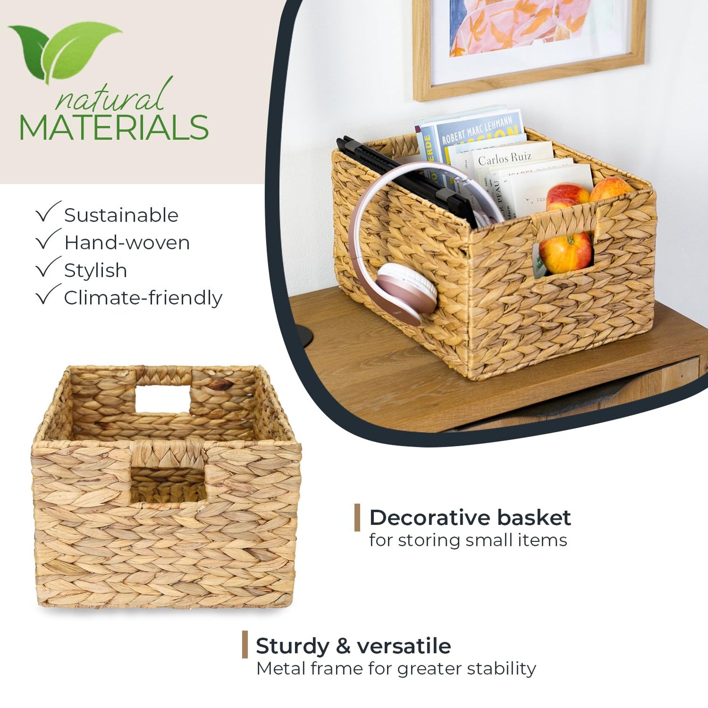 HMF storage basket woven from water hyacinth, decorative basket with carry handles for storage in the bathroom, kitchen and living area | Set of 2