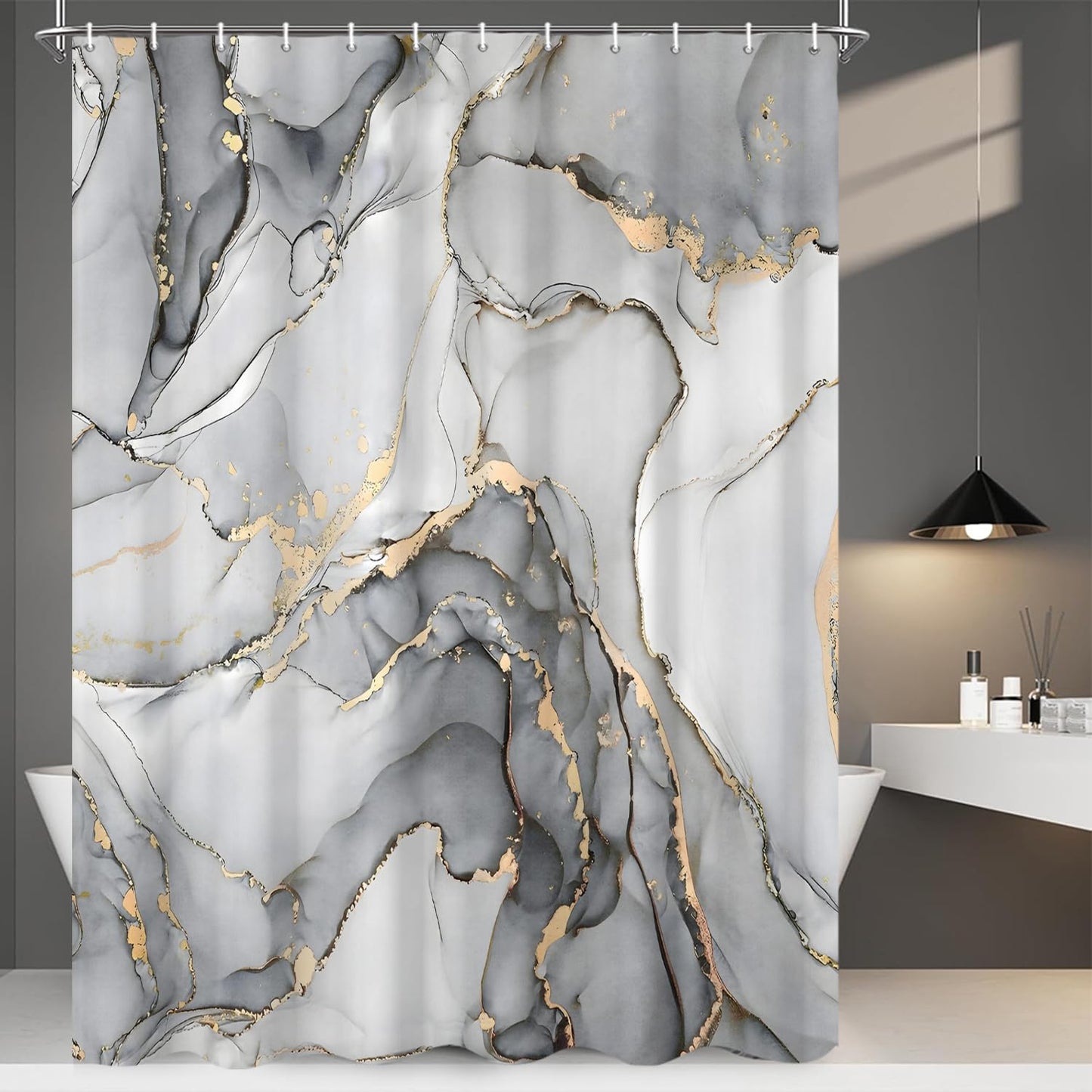 GCIREC Shower Curtain, 180x200cm, Light Gray Ombre Modern Abstract Art Marble Waterproof Fabric Machine Washable Bathroom Curtain with Hooks