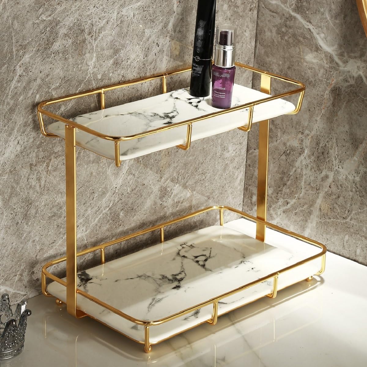 NC Makeup Organizer Shelf, Stainless Steel Shelf with Ceramic Tray, White marbling, for Dresser, Countertop, Bathroom and More, Gold (21324)