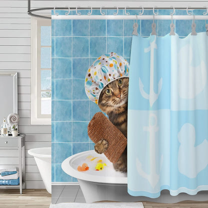 Hnmdmyi Funny Cat Shower Curtain 180x200, Bathing Animal Kitten Shower Curtains Cute Kids Children Blue Bathroom Curtains with Hooks Waterproof