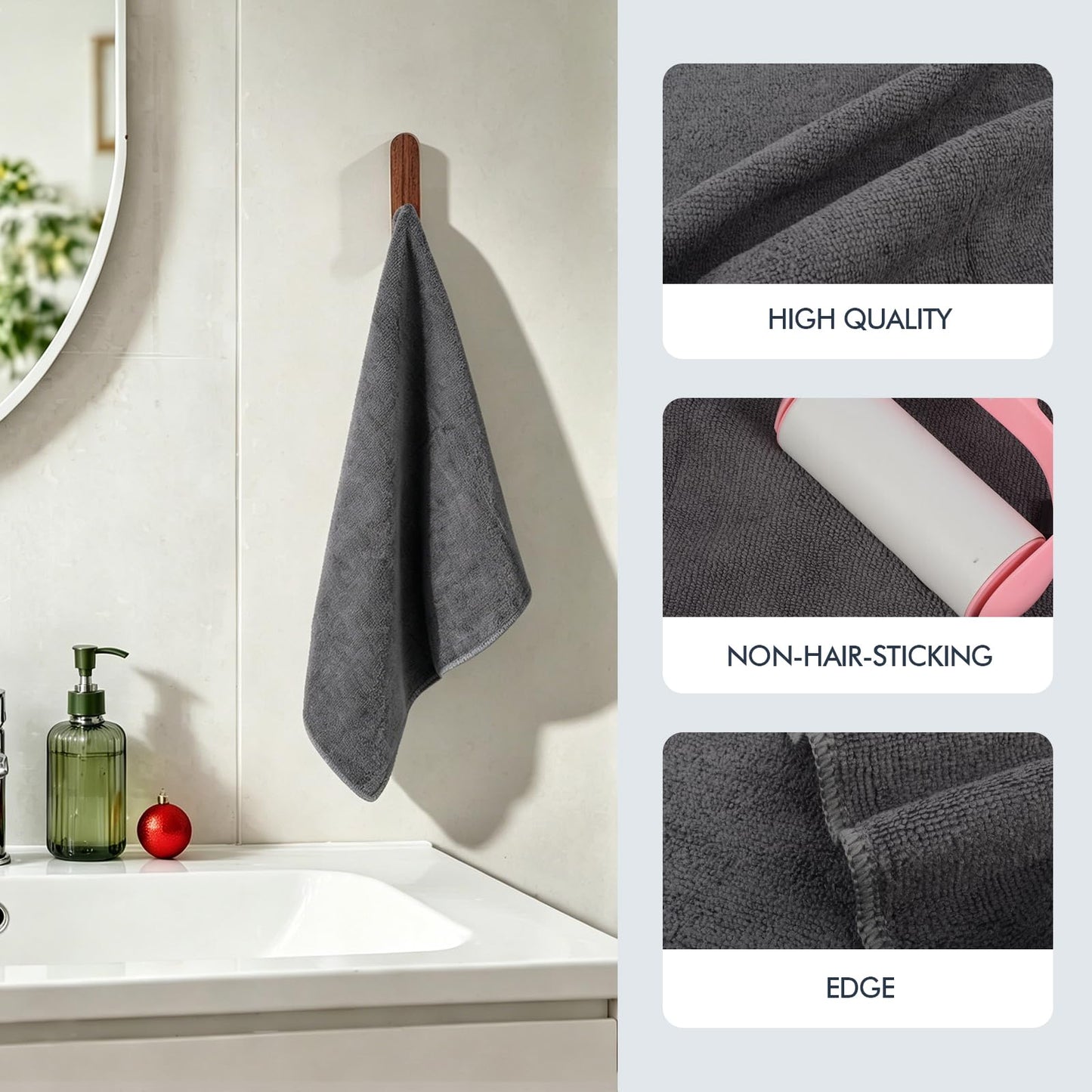VIVOTE Microfiber Hand Towels with Hanging Loop Grey Bathroom Hand Towel