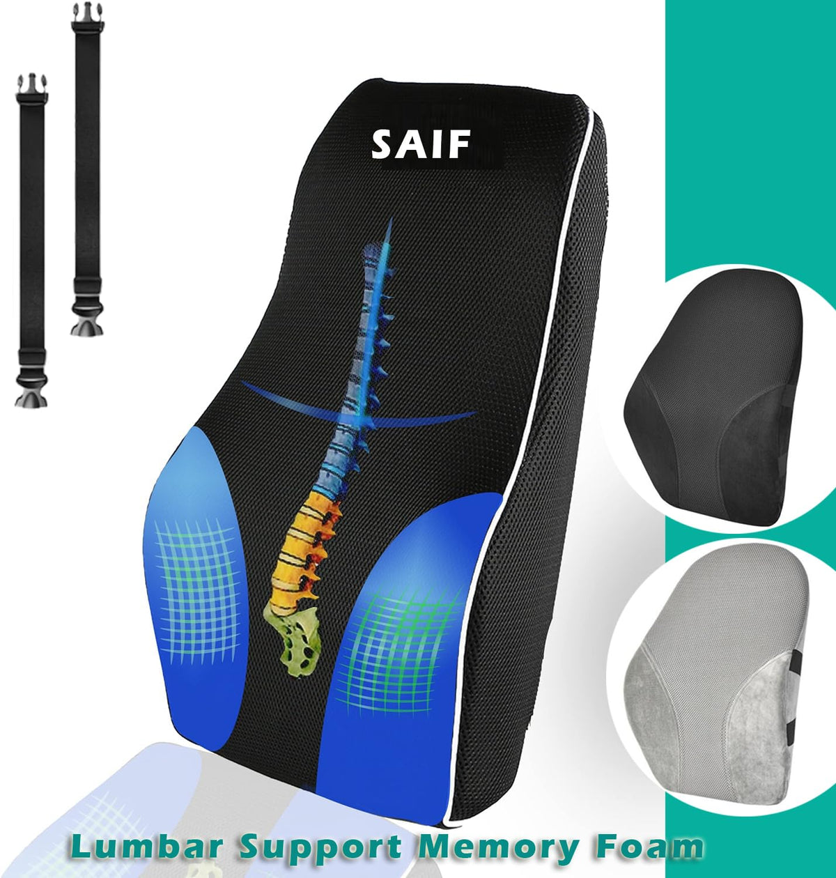 Lumbar Support Memory Foam Back Pain Back Support Office Chair, Car Seat, Gaming, Wheelchair, Travel Adjustable Dual Strap Removable Washable Cover