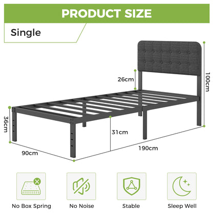 Lutown-Teen Single Bed Frame with Black Upholstered Headboard