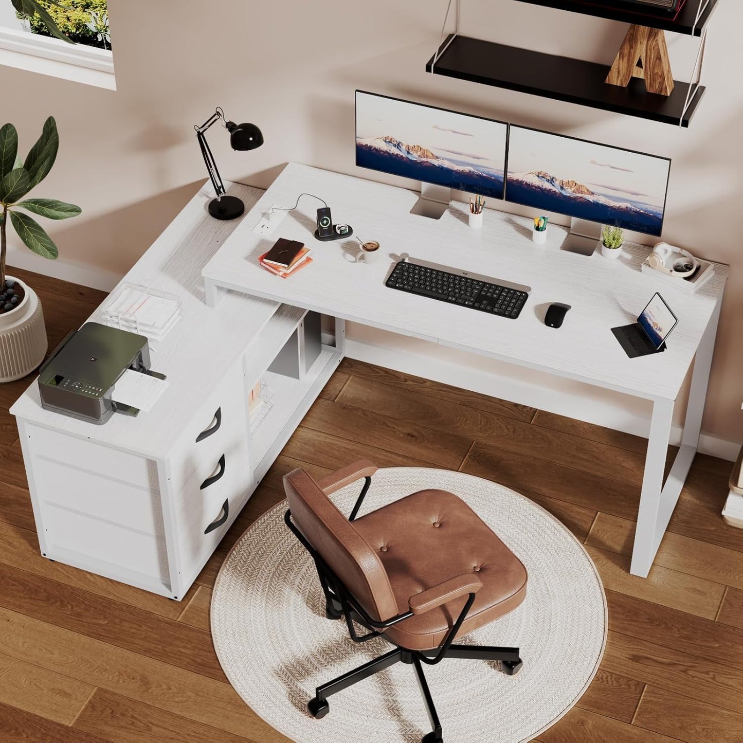 JUMMICO Corner Desk with 3 Drawers, 140 x 105 cm, Folding L-shaped Desk, Equipped with Socket and USB Charging Port, Storage Space