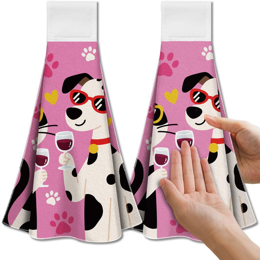 CUTHOLLOW Cartoons Cat and Dog Tea Towels for Kitchen with Loop, Set of 2 - Soft & Super Absorbent Microfiber Decorative Hanging Dish & Hand Towel,