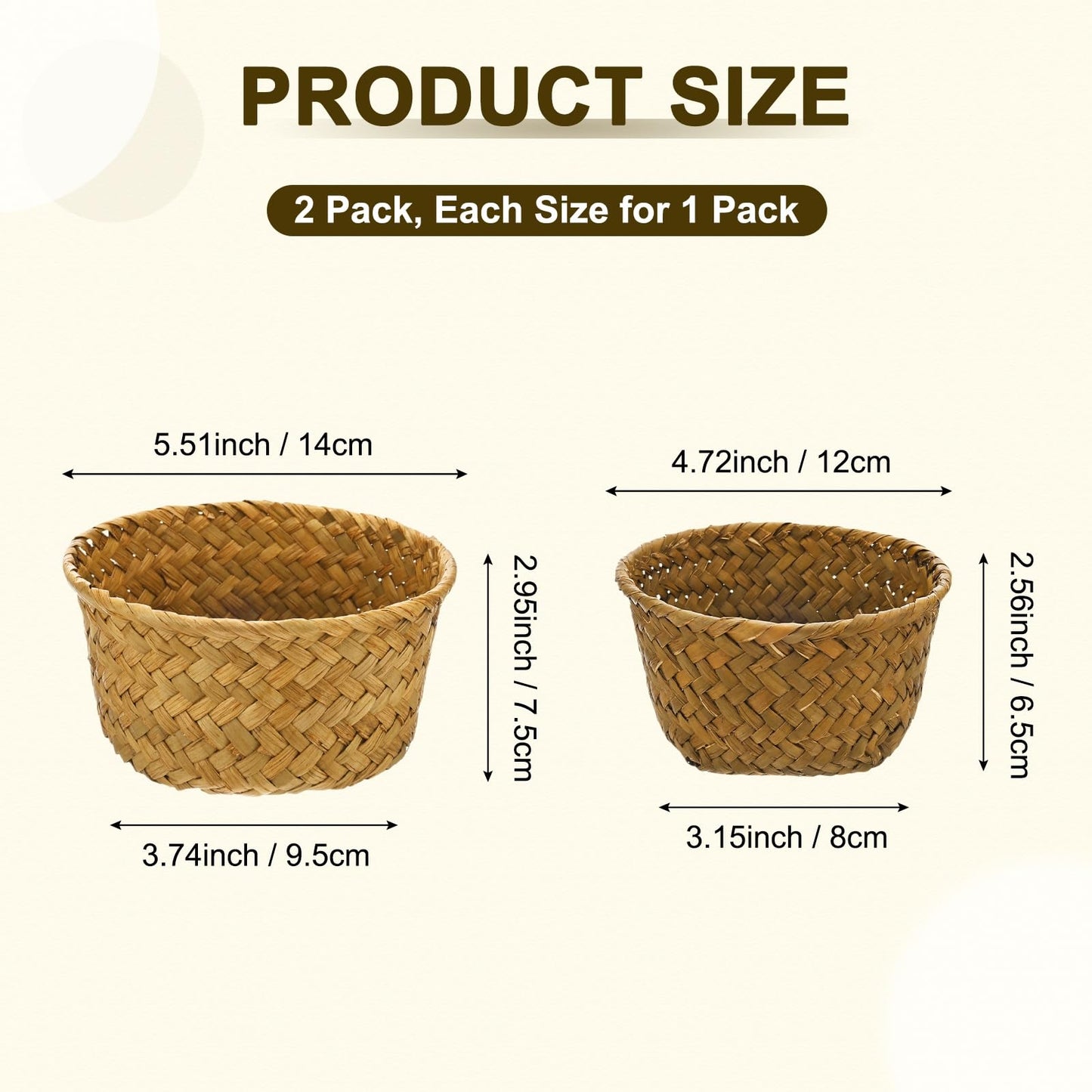 M METERXITY 2-Pack Natural Seagrass Woven Storage Basket, Small Round Storage Seaweed Woven Sundries Baskets for Fruit/Kitchen/Desktop/Household