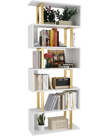 Yusong Bookshelf 6-Tier, Geometric Bookcase S Shaped Book Shelves for Bedroom, Modern Wood Decorative Display Shelf Tall Book Case for Home Office