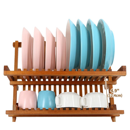 Utoplike Teak Dish Rack Stand Drainer, Collapsible 2 Tier Dish Drying Rack with Cup Holder, Wooden Plate organiser for Kitchen