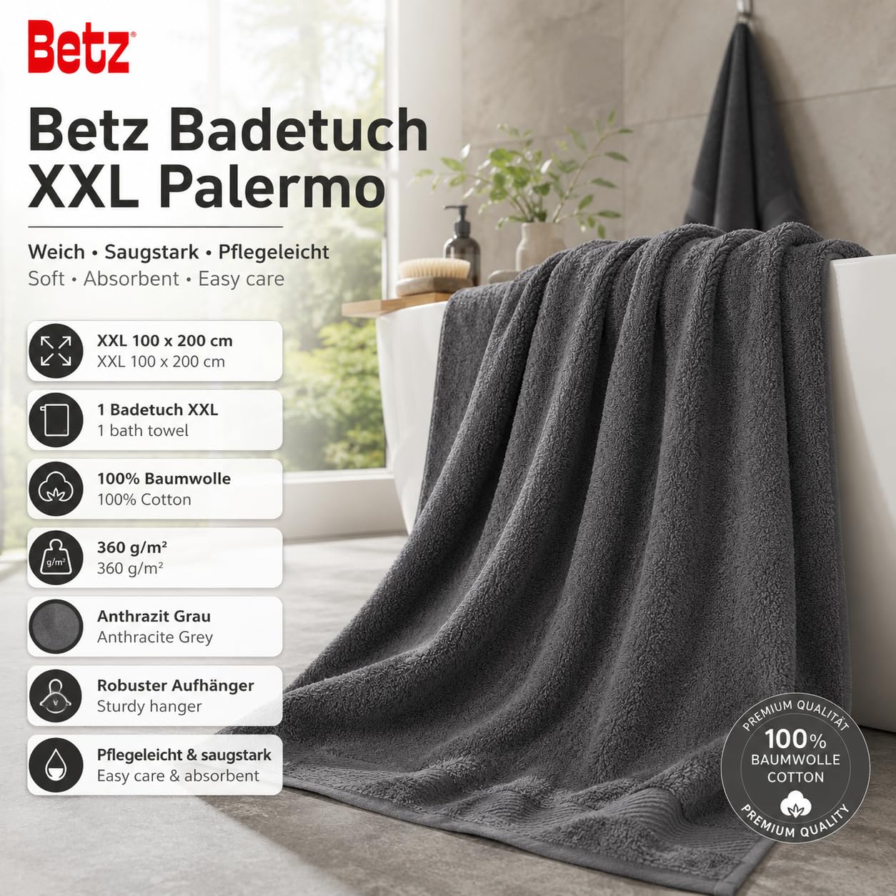Betz XXL Bath Towel PALERMO 100% Cotton Size 100x200 cm color anthracite