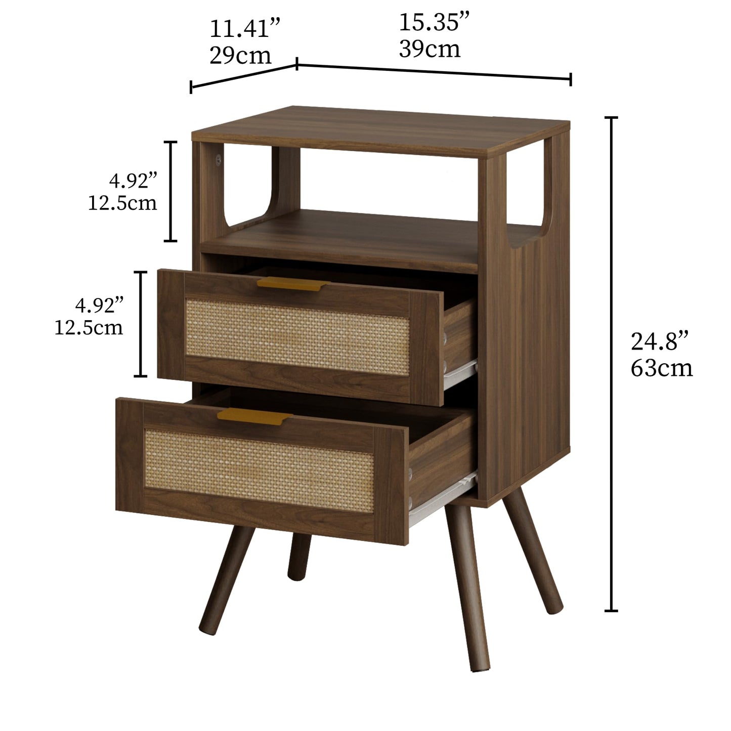JERX Rattan Bedside Table, Farmhouse Nightstand with 2 Storage Drawer and Open Wood Shelf, for Bedroom and Small Spaces
