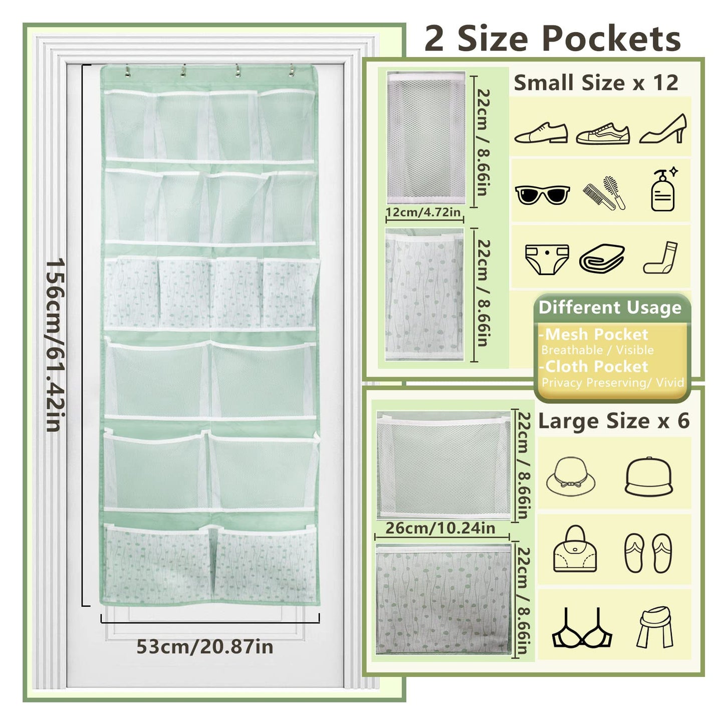 2-Pack 18 Pockets Over Door Hanging Shoes Organiser with 4 Kinds Pouch,Behind Closet Hanging Clothes Shelf,Back of Bathroom Door Storage