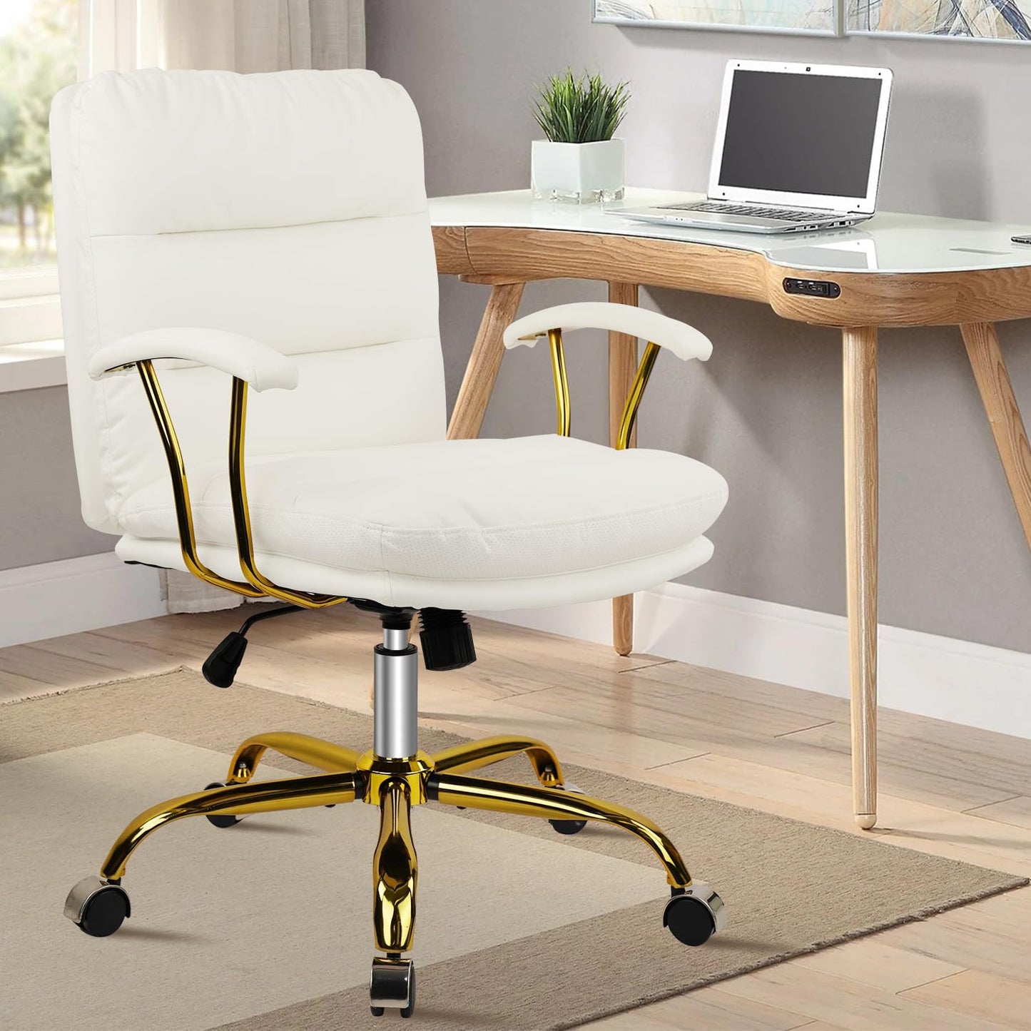 KLASIKA White Leather Office Chair with Gold Legs, Adjustable Height Home Desk Chairs with Padded Seat & Arms