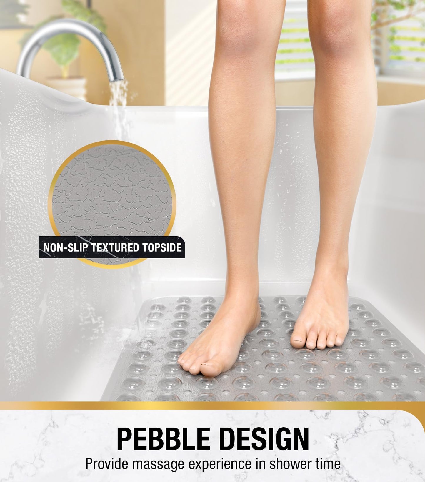 HITSLAM Non Slip Bath Mat for Tub, 101 x 40cm Extra Long Shower Mat Anti Mould, Machine Washable Bathroom Bathtub Mat with Suction Cups and Drain
