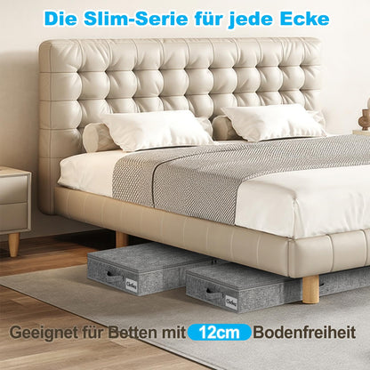 Underbed Storage Box with Lid, 12 cm High, Pack of 2, Foldable Underbed Storage, Washable Clothes Storage & Organisation, 3 Handles, Zip Lid