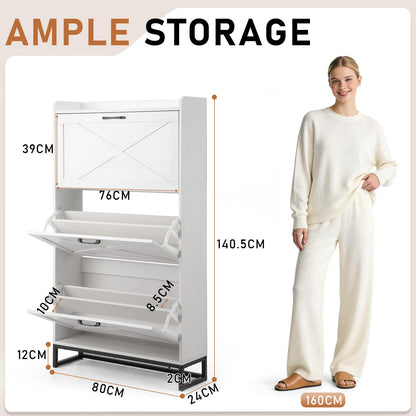Bonnlo Barn Door Shoe Cabinet with 3 Flip Bins, High Capacity Shoe Storage, Adjustable Shelves & Anti-Tip Design (Distressed White)